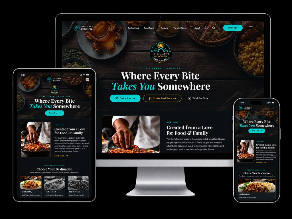 Responsive website mockup for The Clay's Kitchen shown on desktop, tablet, and phone