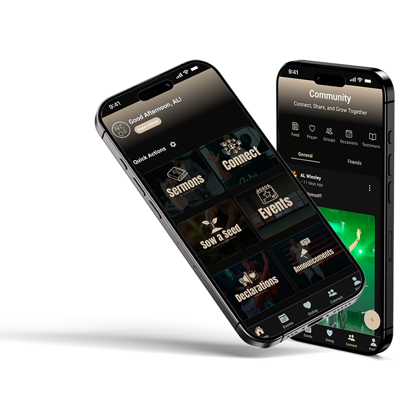 Mobile app screens showing a home dashboard and community feed on two smartphones